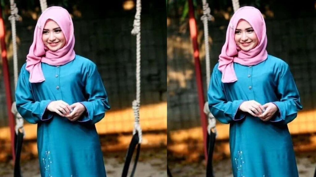 baju turquoise tudung merah jambu