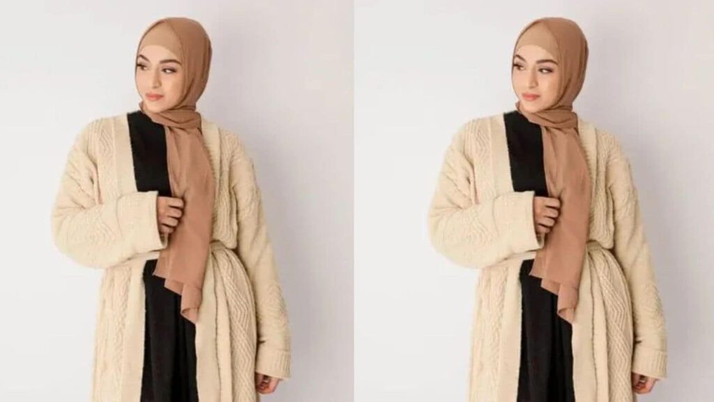 baju beige tudung warna coklat