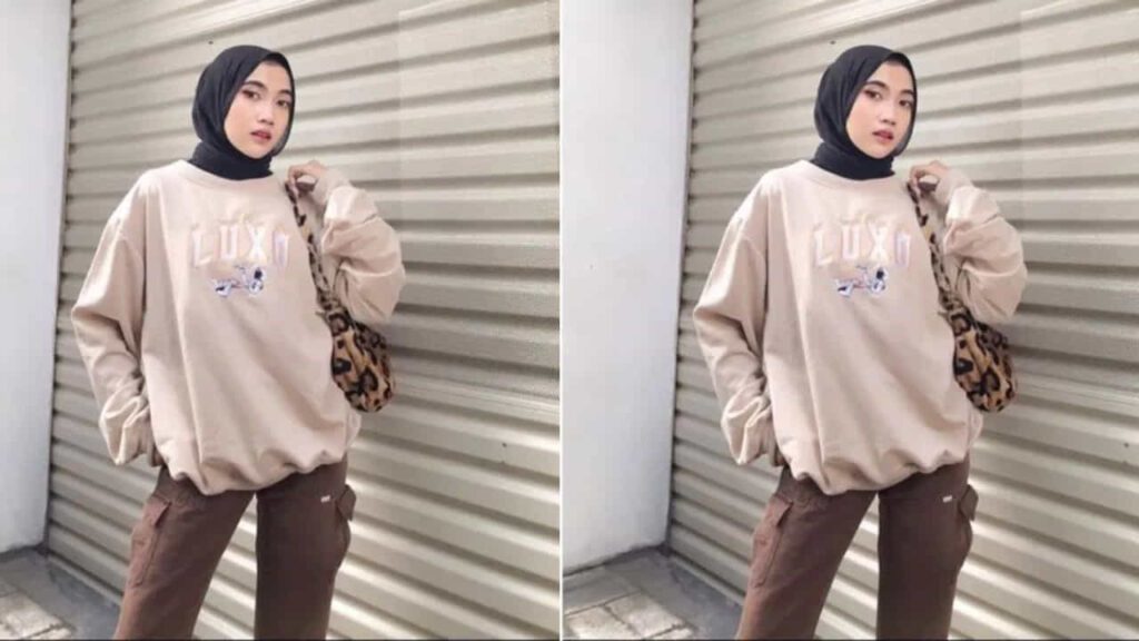 baju beige tudung warna hitam