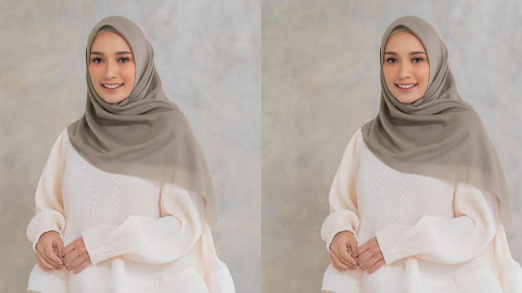 baju beige tudung warna kelabu