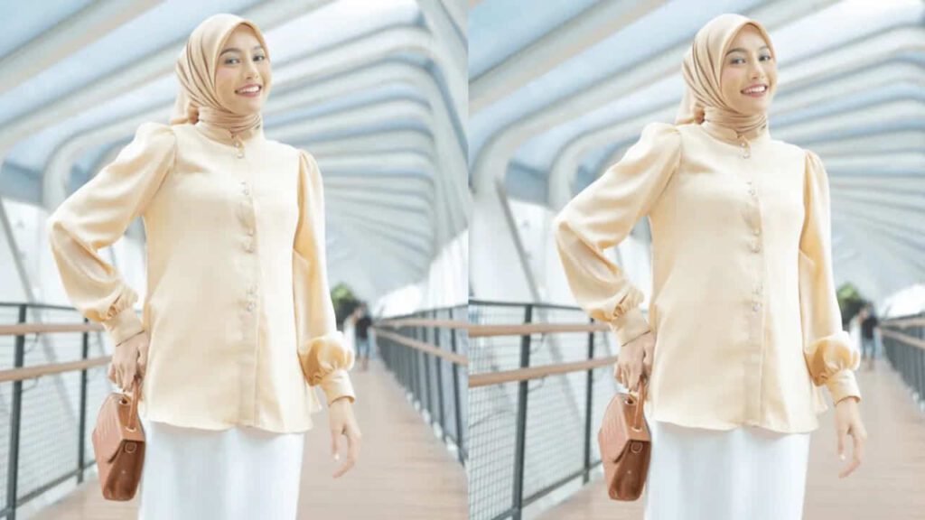 baju beige tudung warna krim