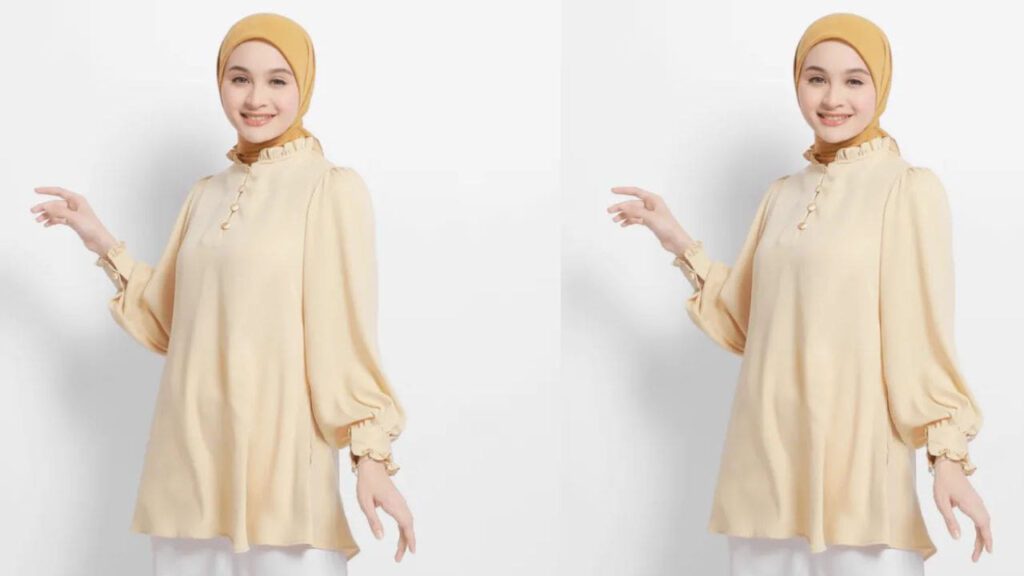 baju beige tudung warna mustard