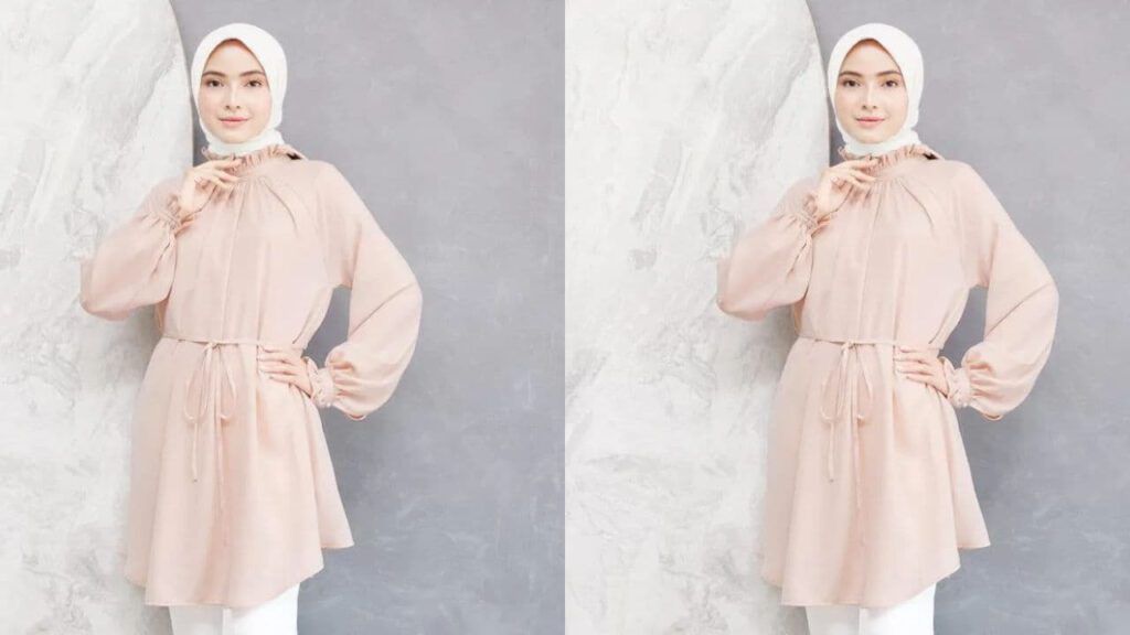 baju beige tudung warna putih