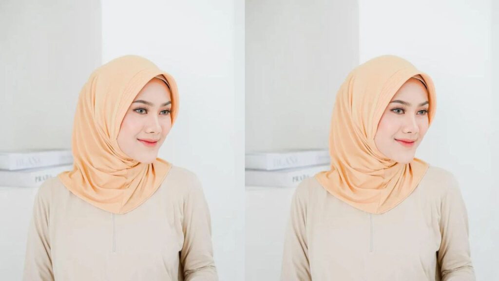 baju beige tudung warna soft orange