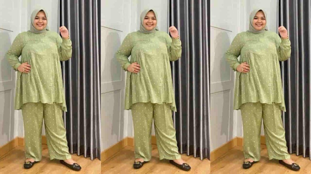 baju dan seluar bercorak polka dot (fesyen baju untuk badan gempal)