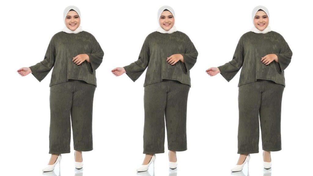 baju dan seluar dengan jalur menegak (fesyen baju untuk badan gempal)