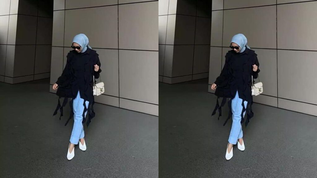 baju hitam tudung warna biru muda