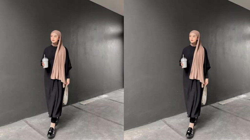 baju hitam tudung warna cokelat susu