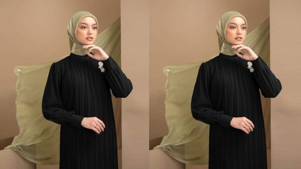 baju hitam tudung warna hijau zaitun