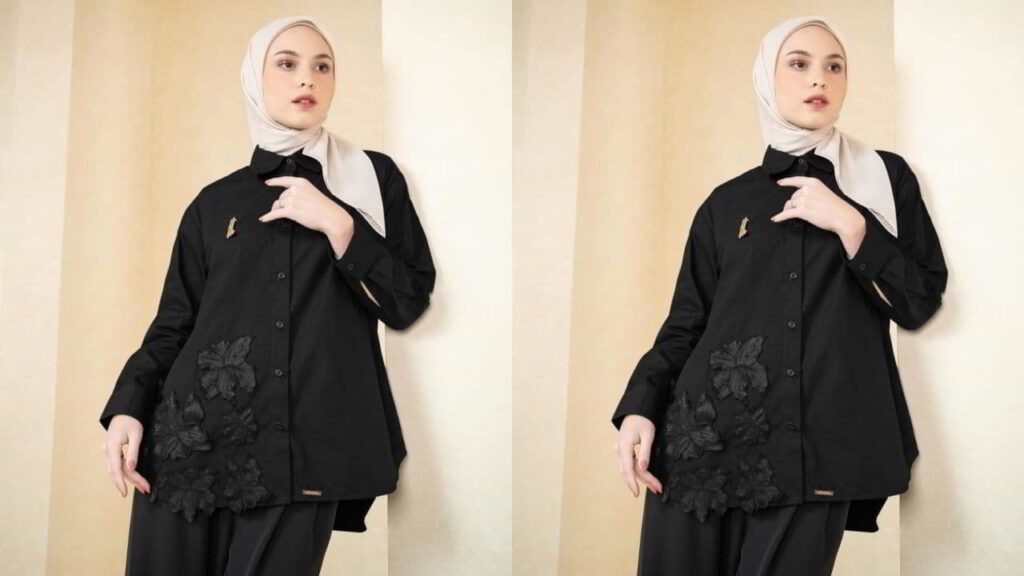 baju hitam tudung warna ivory atau putih gading