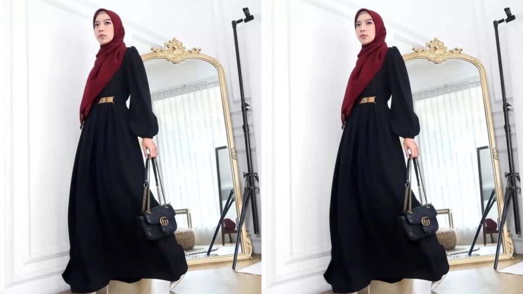 baju hitam tudung warna merah maroon