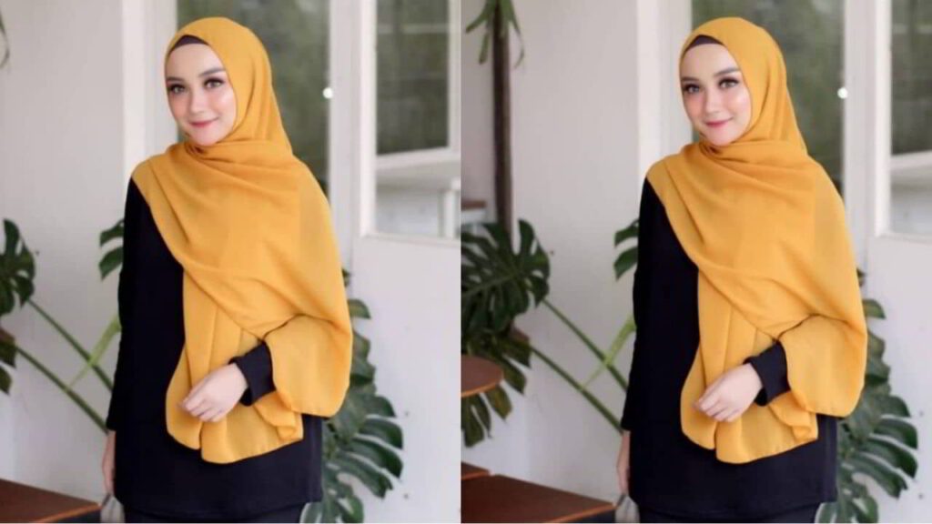 baju hitam tudung warna mustard