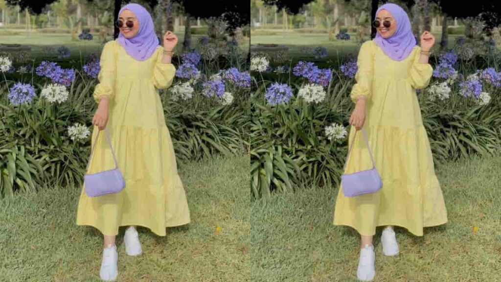 baju kuning diraja tudung warna lilac