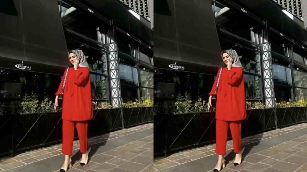 baju merah tudung motif warna kelabu