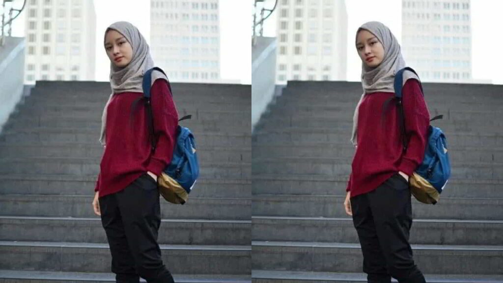 baju merah tudung warna kelabu