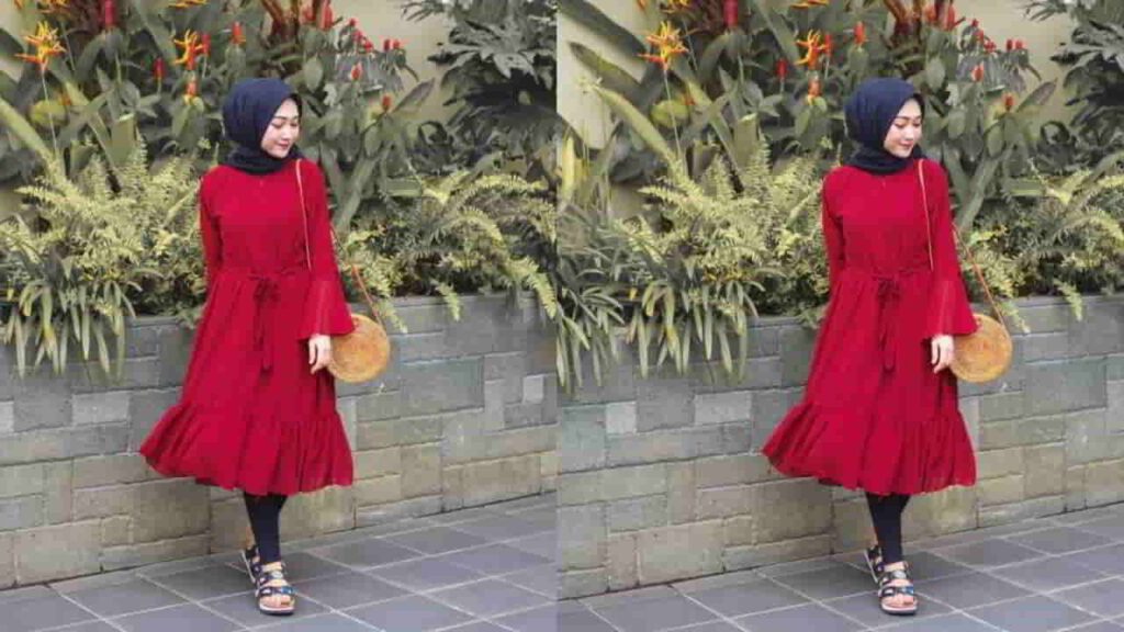 baju merah tudung warna navy