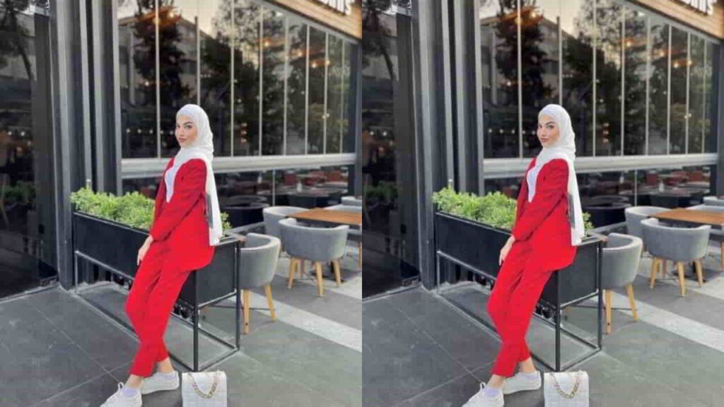 baju merah tudung warna putih