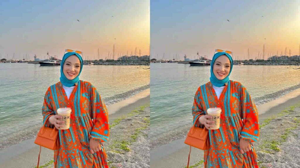 baju oren tudung warna biru muda