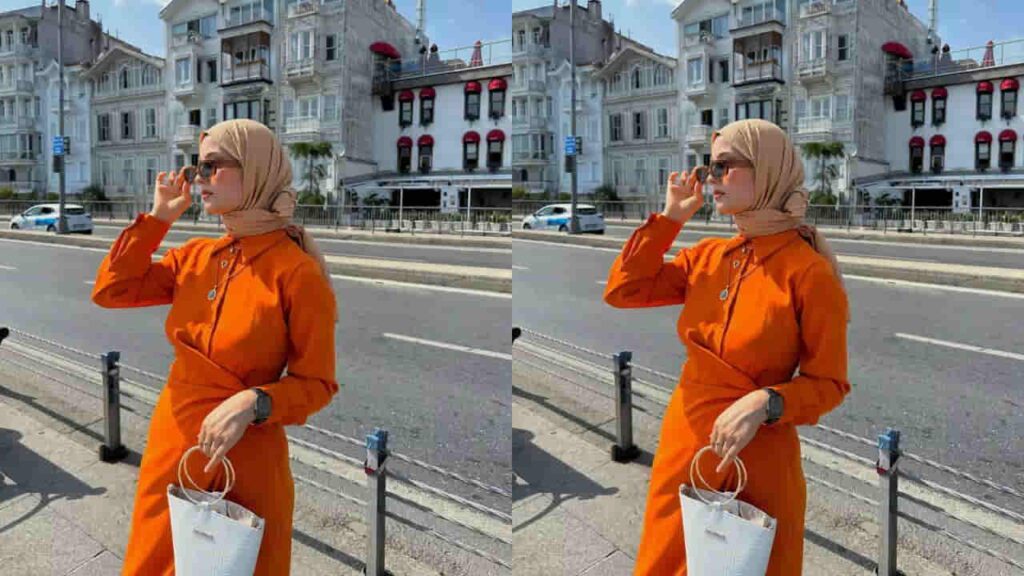 baju oren tudung warna cokelat susu