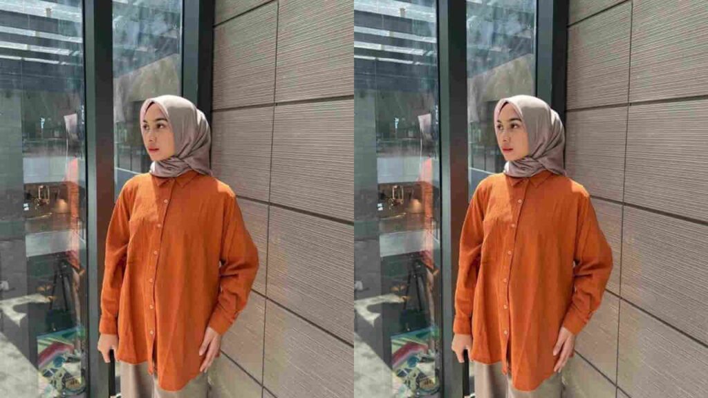 baju oren tudung warna kelabu