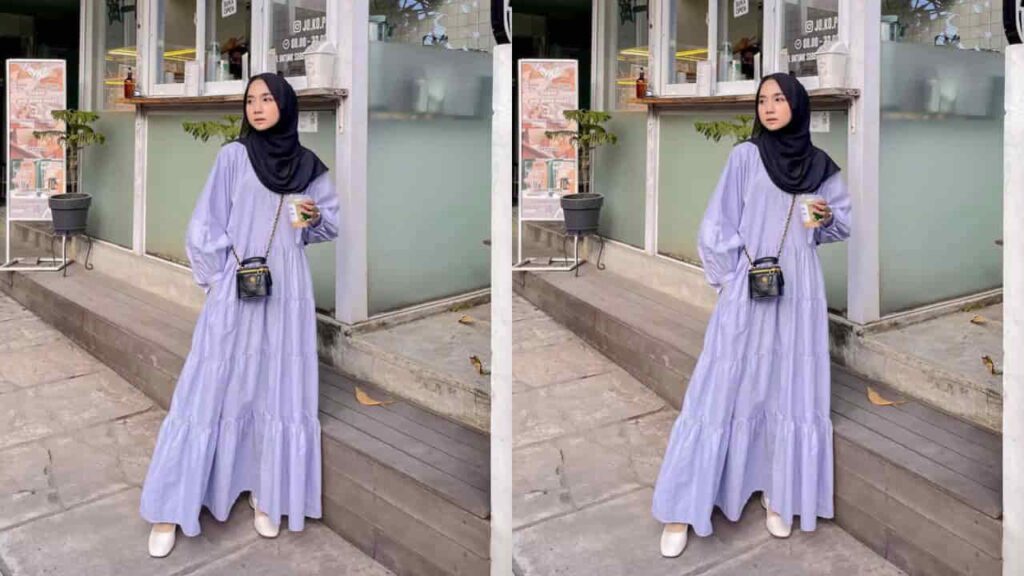 baju purple lilac tudung warna hitam