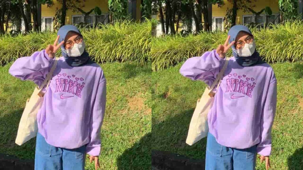 baju purple lilac tudung warna kelabu gelap