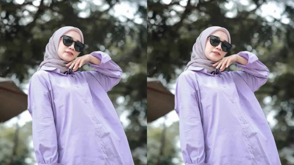 baju purple lilac tudung warna kelabu muda