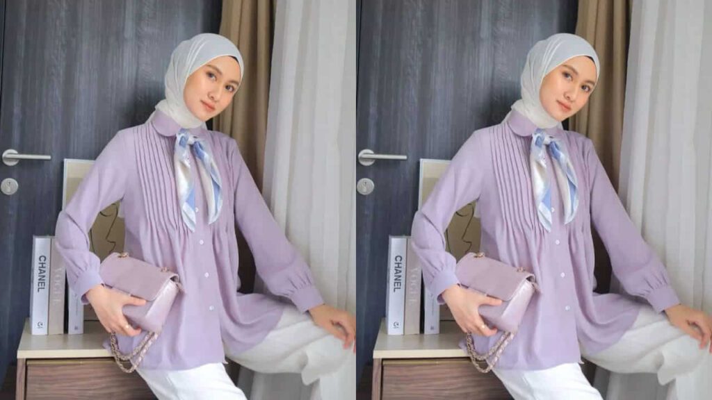 baju purple lilac tudung warna putih