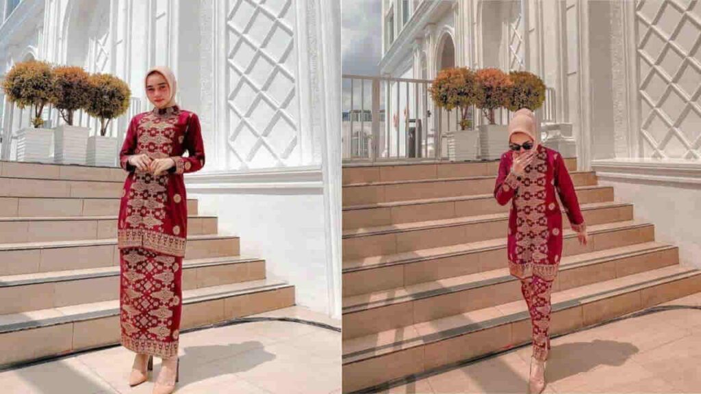 fesyen baju songket, set songket maroon