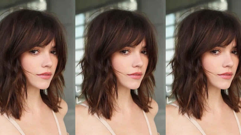 style rambut perempuan layer, messy lob dengan bangs