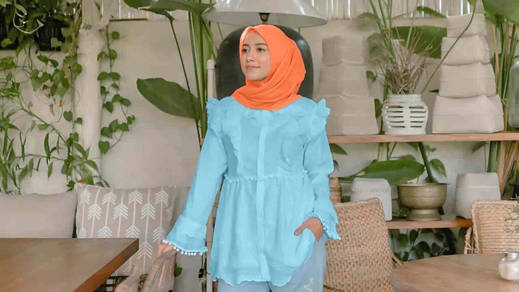 baju baby blue tudung warna coral