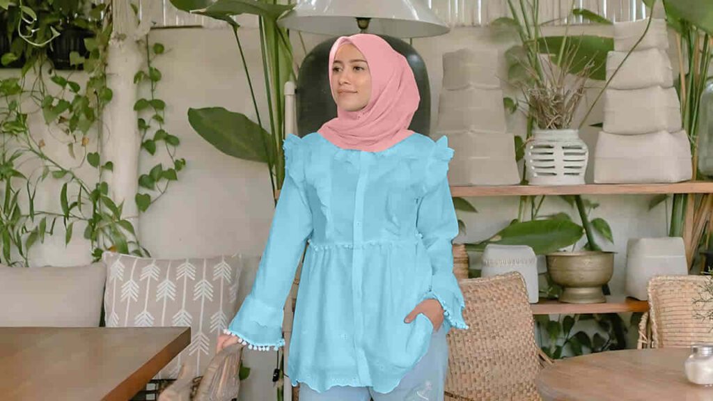 baju baby blue tudung warna dusty pink