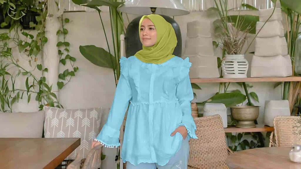 baju baby blue tudung warna hijau zaitun