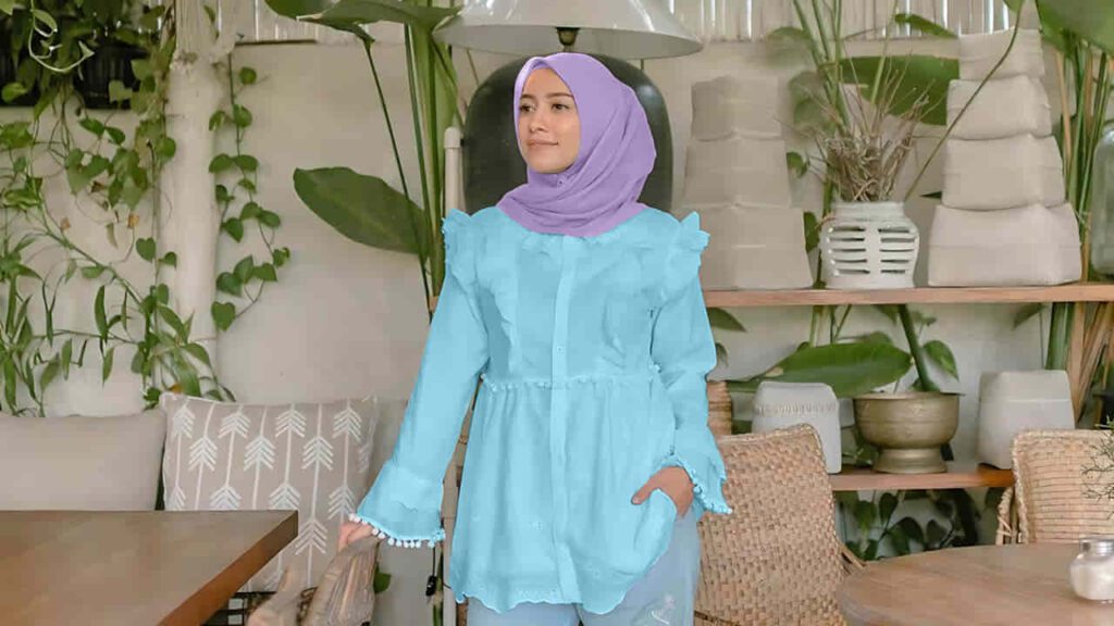 baju baby blue tudung warna lavender