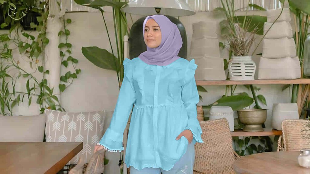 baju baby blue tudung warna lilac