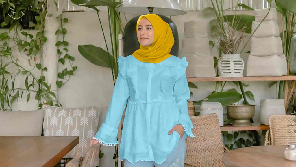 baju baby blue tudung warna mustard