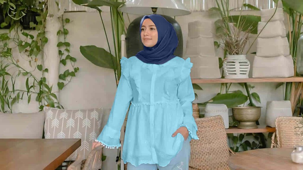 baju baby blue tudung warna navy