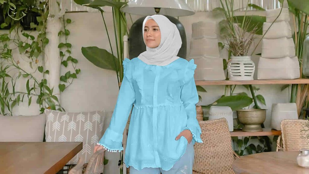 baju baby blue tudung warna putih