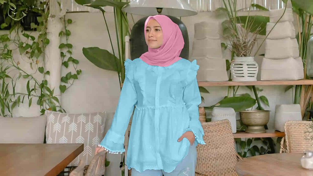 baju baby blue tudung warna soft pink