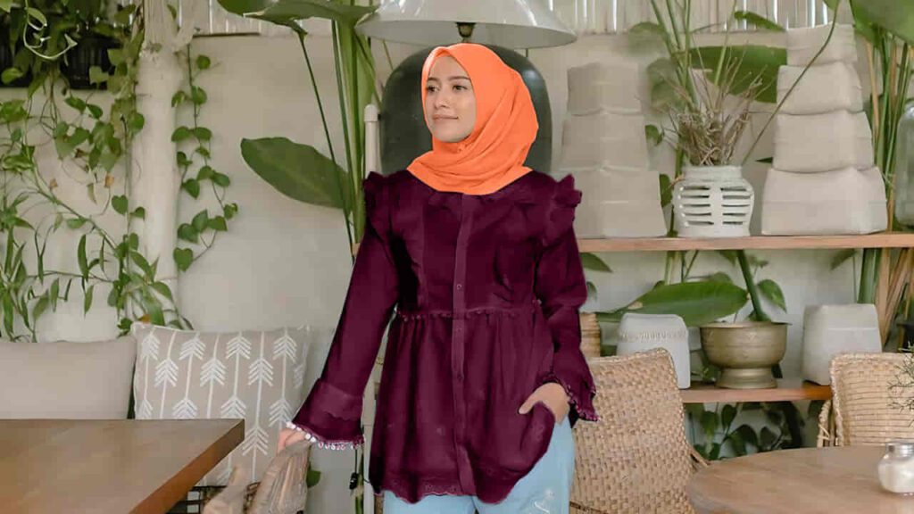 baju burgundy tudung warna coral