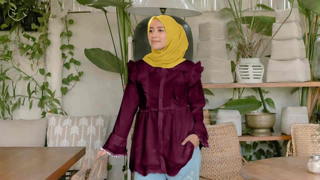 baju burgundy tudung warna gold