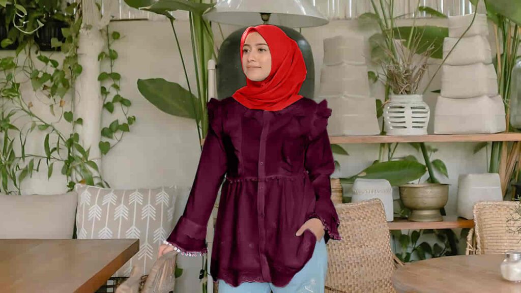 baju burgundy tudung warna merah