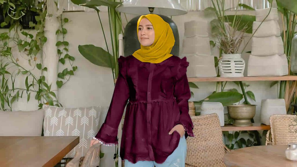 baju burgundy tudung warna mustard