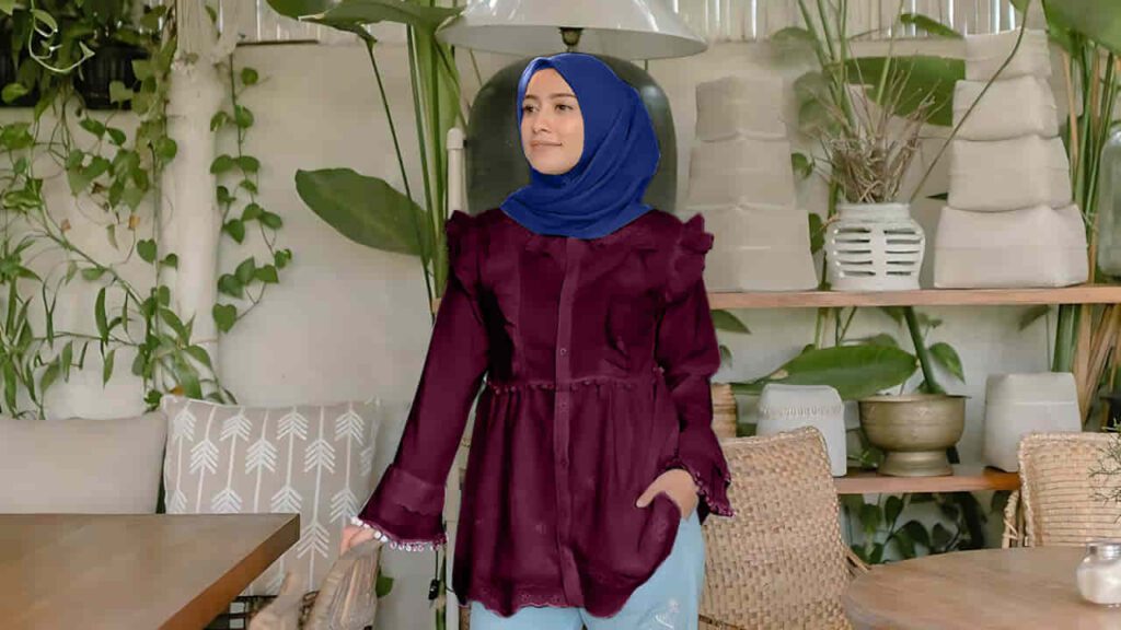 baju burgundy tudung warna navy blue