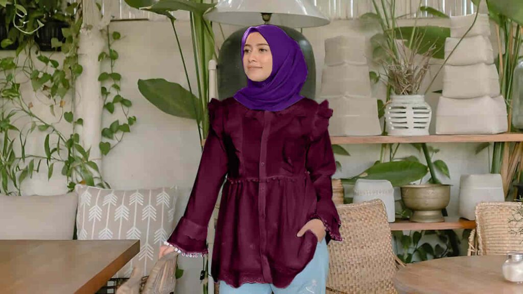 baju burgundy tudung warna ungu tua