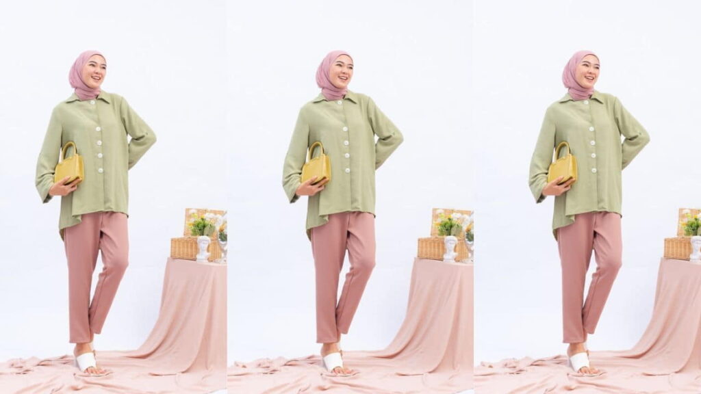 baju hijau mint tudung warna dusty pink