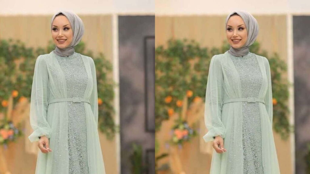 baju hijau mint tudung warna kelabu