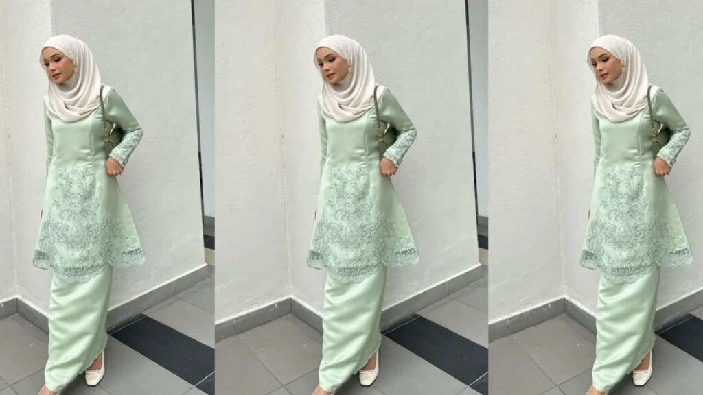 baju hijau mint tudung warna krem