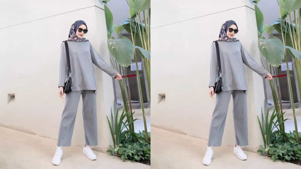 baju kelabu tudung warna biru denim