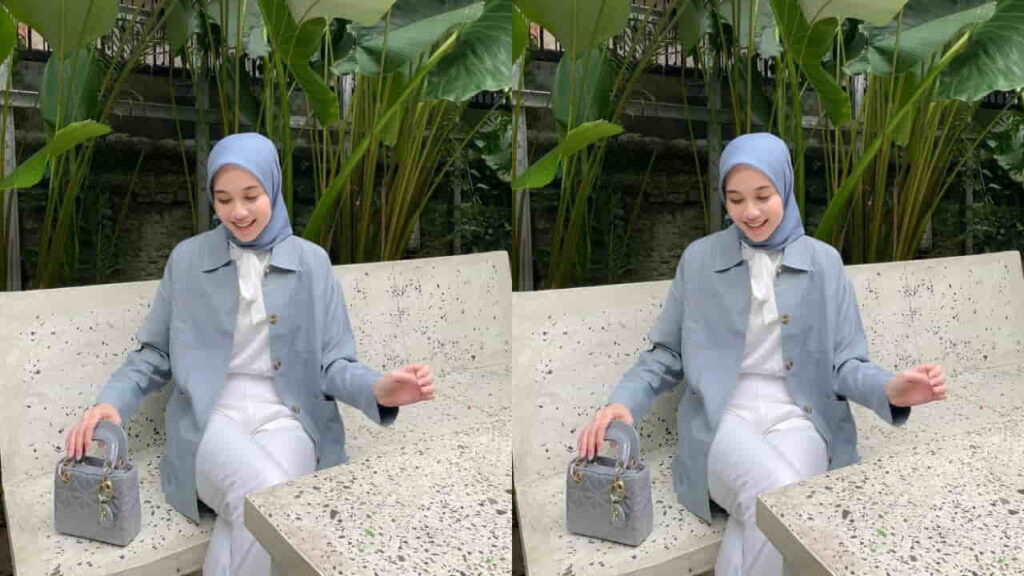 baju kelabu tudung warna biru muda